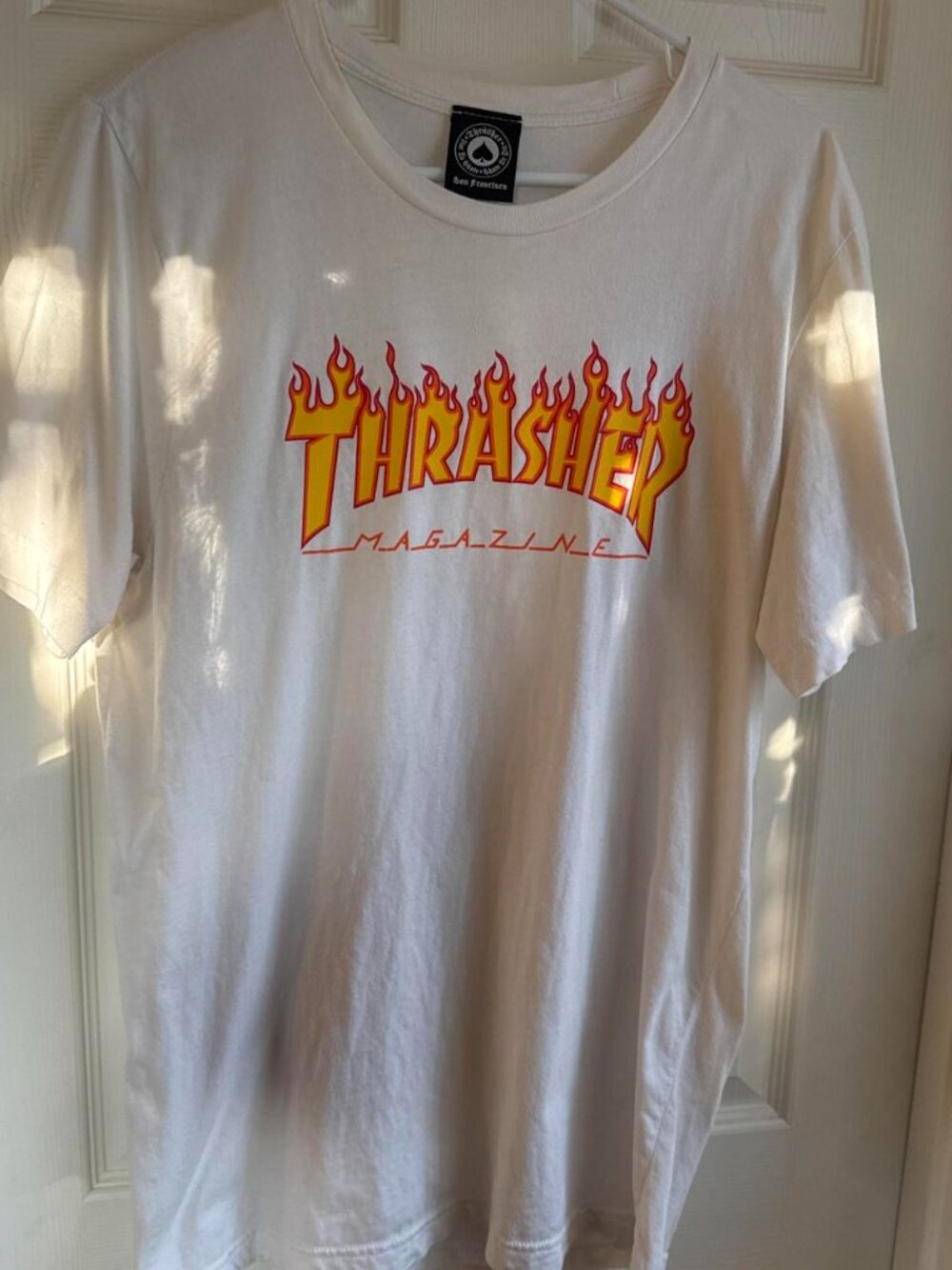 White Thrasher Tee with Flame Logo